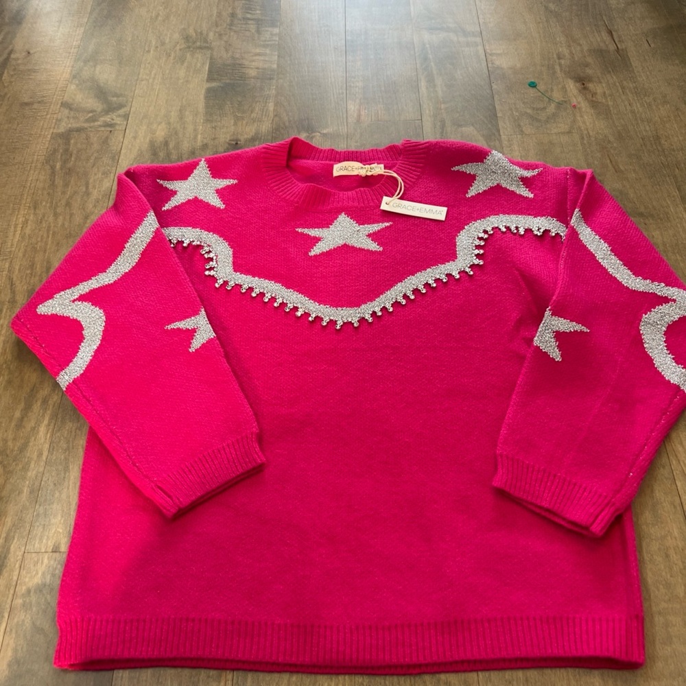 Vibrant Pink Star Sweater with beaded accents  NWT